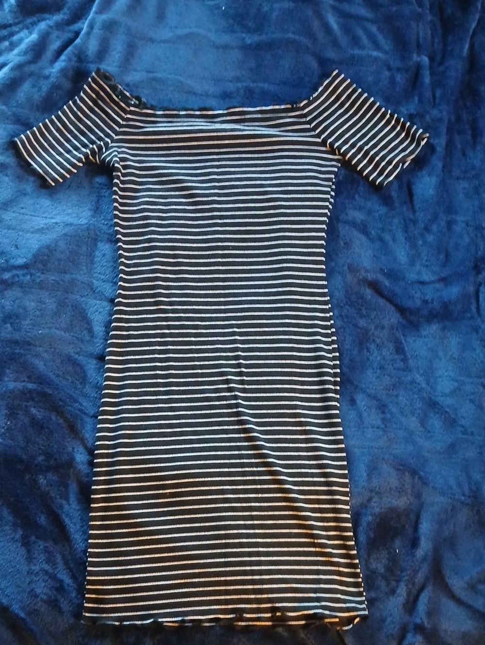Ambiance Black and White Striped Off-Shoulder Bodycon Dress